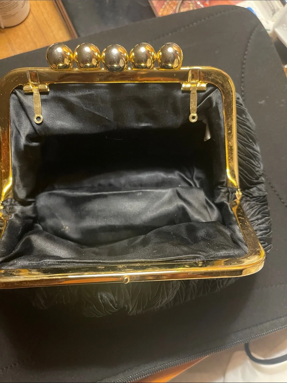 Classy and Elegant Black Ruched Evening Clutch with Gold Frame